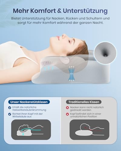 DONAMA Memory Foam Nackenkissen Ergonomisch, Kopfkissen mit Armauflage & Zwei Höhen, Kühlend & Atmungsaktiv, 6-Zonen-Kontur, Nackenstützung für alle Schlafpositionen