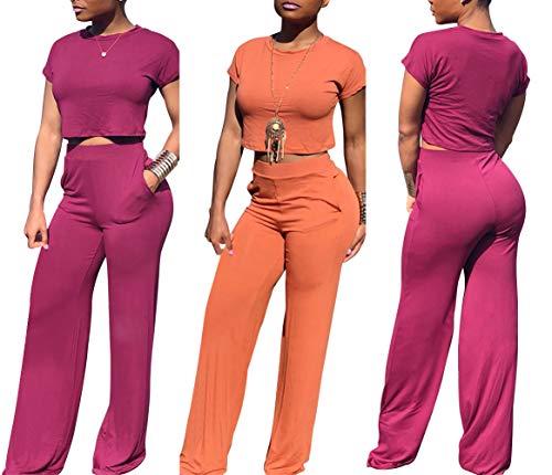 Women Solid O-Neck Short Sleeve Crop Tops High Wairst Flare Long Pants Jumpers 2 Piece Outfits