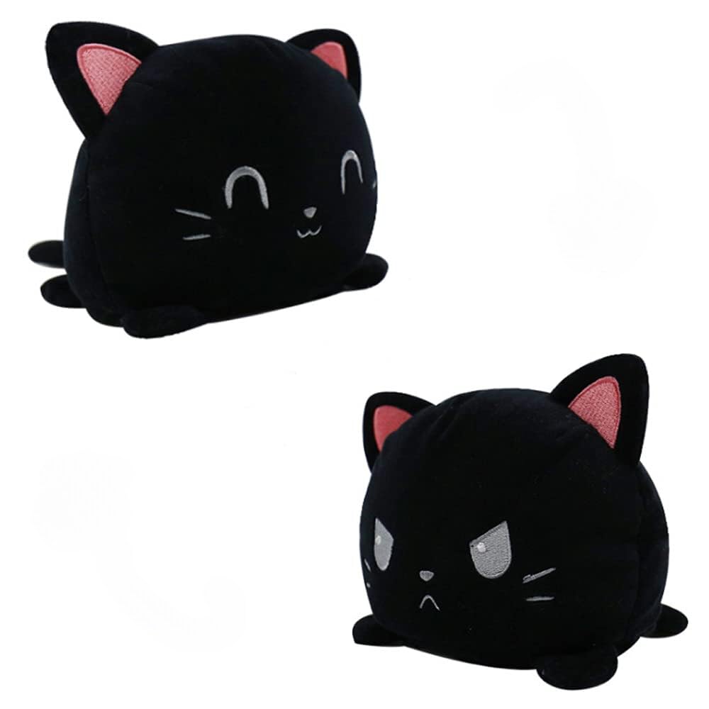 KUNSTIFY Cat Cuddly Toy Mood Cuddly Toy Cat Reversible Plush Toy for Girls Women Children Baby to Express Mood Gift for Girlfriend Cat Black