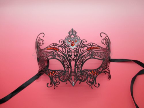 Black Queen Laser Cut Venetian Halloween Masquerade Mask Costume Inspire Design - Black w/ RED Rhinestones