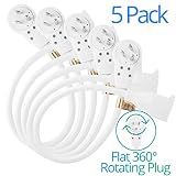 Maximm Cable 1 Foot 360° Rotating Flat Plug Extension Cord/Wire, 3 Prong Grounded Wire 16 Awg Power Cord - 5 Pack - White