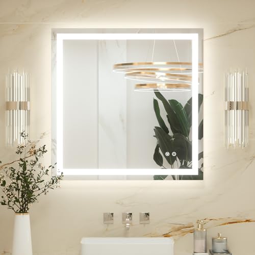 Keonjinn Badspiegel mit Beleuchtung 80x80cm, Badezimmerspiegel Beleuchtet Beschlagfrei Led Bad Spiegel mit Touch Schalter, 3 Lichtfarben Dimmbar Speic