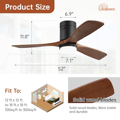 Sofucor Wood Ceiling Fan with Light 132 cm, 6 Speeds, Control, Timer, DC Motor, LED Silent Ceiling Fan with Lamp for Bedroom Living Room
