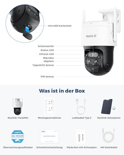 Reolink 4K PTZ Überwachungskamera Aussen Akku mit Auto-Tracking & Auto-Zoom, Dual Lens, 8MP Solar WLAN Kamera Outdoor, 2,4/5GHz WiFi, 30m Farbnachtsicht, KI-Erkennung, 360° View, TrackMix+Solarpanel 10