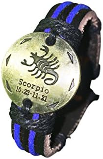 poppee 100% Handmade Copper Alloy Metal Retro Style Real Cow Leather Twelve Constellation Zodiac Rope Bracelet (Scorpio Blue)