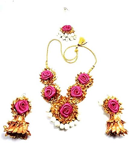 Forever Fashion Gota Patti Handmade Pink Necklace with Jhumki Earing for Haldi n Mahandi n Wedding n Girl-friend