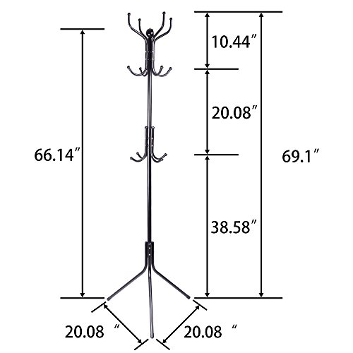 12-Hook Standing Coat Hat Rack Metal Umbrella Stand, Black CR12