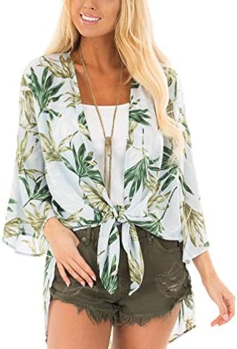 INFITTY Womens Loose Floral Print Kimono Cardigan Half Sleeve Chiffon Open Front Cover Up Blouse