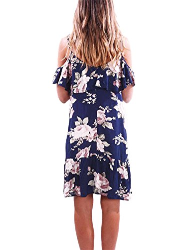 Poptem Womens Sexy Midi Dress V-Neck Off Shoulder Spaghetti Strap Ruffles Floral Casual Summer Beach Sundresses