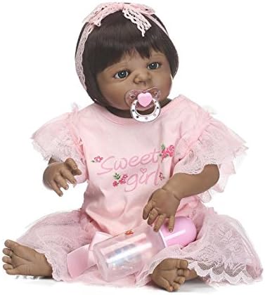 black African American Girl Reborn Baby Doll Realistic Baby-Full Silicone Body Newborn Baby Doll For DINK Families and Seniors, 23-Inch 57CM Lifelike Girl Dress, Great Toy For Adults, Kids and Babies