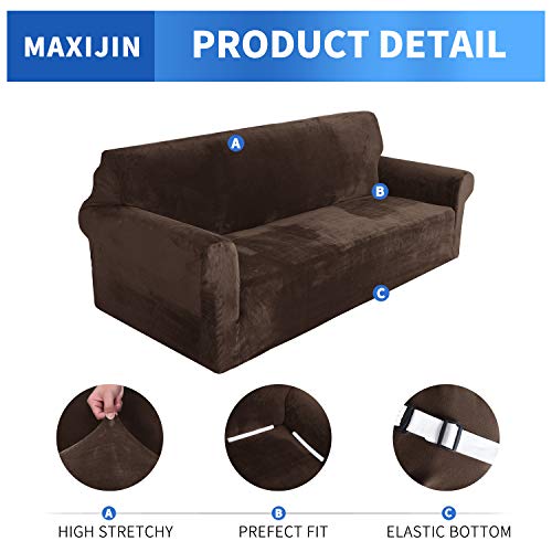MAXIJIN Thick Velvet Sofa Cover for 3 Seater, Super Elastic Non Slip Sofa Cover, Pet Friendly 1 Piece Furniture Protector (3 Seater, Dark Coffee)