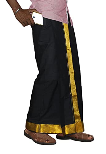 PRAKASAM COTTON Men's Black Colour 2 Inch Gold Jari Border Welcro Pocket dhoti/Size Hip -46 inches- Length- 42 inches