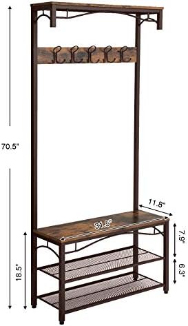 VASAGLE Industrial Coat Rack, 3-in-1 Hall Tree, Entryway Shoe Bench