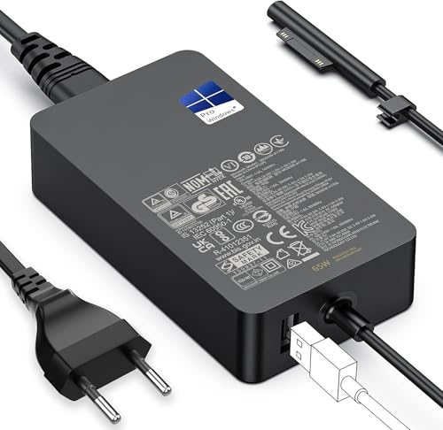 Surface Charging Cable 65 W Microsoft Surface Charger Power Supply for Surface Pro 11/10/9/8/7+/7/6/5/4/3/X, Windows Surface Laptop 7/6/5/4/3/2 Studio i5, Surface Go 4/3/2 Tablet, Surface Book 3/2/1, with USB
