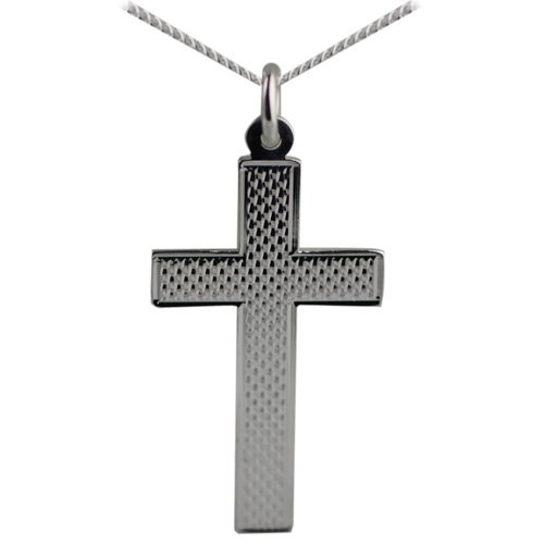 Silver 34x19mm engine turned flat Latin Cross with curb chain 24 inches