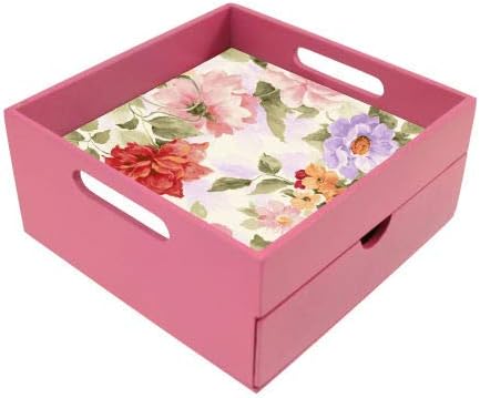 Enigmatic Woodworks, Serving Tray with Drawer and Storage Space for Tea/Coffee Bags/Cosmetics/Jwellery/Spoon Fork Holder Wooden Handle Tray|Multipurpose Tray Home & Kitchen Decor/Dinning Table/Gifts/Living Room/ Accessories, household return gift Bedroom Trays Snacks Multi-Utility Compartment (Pink floral Theme, Size LxBxH is 8 x 8 x 4 Inches)
