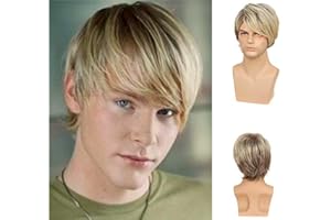 Wiwige Mens Short Wig Layered Blonde Male Wig Synthetic Hair Wigs Heat Resistant Cosplay Halloween Party with Wig Cap