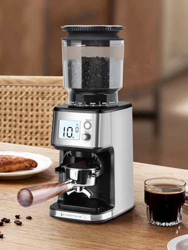 Homtone Electric Coffee Grinder with Conical Grinder – Coffee Mill with 51 Grinding Levels, Removable Holder, Container Included – for Espresso, Filter Coffee, Cold Brew (Acciaio Inox)