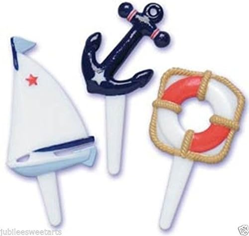 WONTTERFLY 24 COUNT NAUTICAL SAILBOAT CUPCAKE CAKE DECORATIONS PICKS PARTY FAVORS nat-p