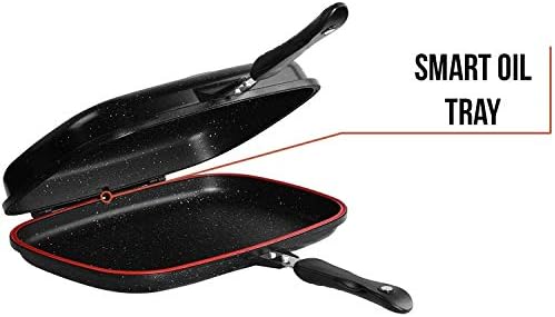 36 cm Double Sided Granite Marble Coated Die - Cast Non Stick Foldable Flipping Griddle Black Grill Frying Pan with Strong Magnetic Handle