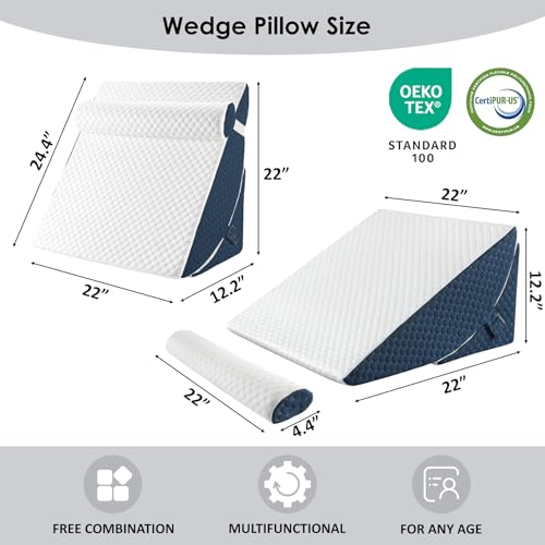 Bed Wedge Pillow for Sleeping, Adjustable 7 &12 Inch Foam Wedge Pillow for Post Surgery, Elevated Triangle Pillow for Acid Reflux, Back Pain Relief, Leg Support，3pack