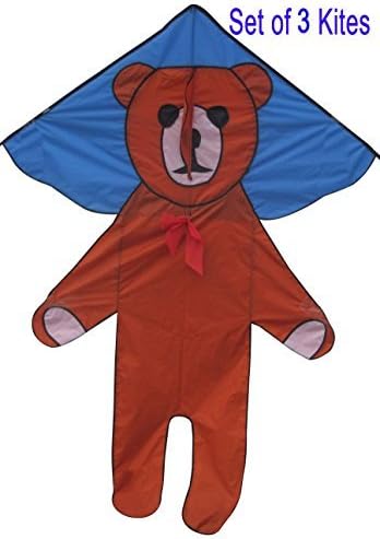 Kites N More, 3 Big Teddy Bear Kids Kite 53" Wide & 70" Tall, with Kite Bag, Handle & 300 Ft Kite Line (3 Kites)