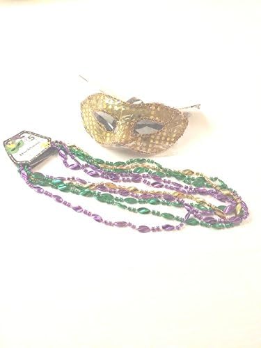 Masquerade Mardi Gras Party Mask Metallic Mardi Gras Beaded Necklace Purple Gold Green Set Gold