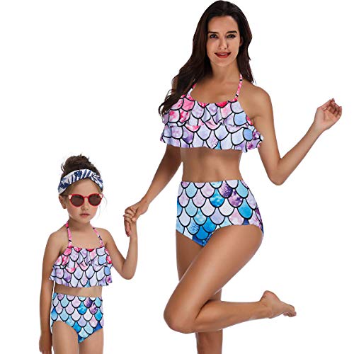 Kids4ever Mermaid Fish Scale Mother Daughter Matching Bikini Set Flounce High Waisted Mommy and Me Bikini Set