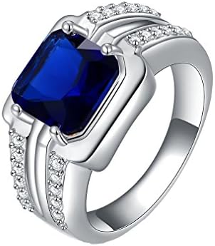 Suohuan Jewelry Women's Halo Princess Cut Created Gemstone Cubic Zirconia White Gold Plated Solitaire Wedding Engagement Ring Band Blue Size 8
