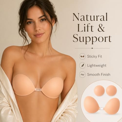 Bvanzo Stick On Bra for Women, Invisible Sticky Backless Strapless Push Up Bra with Sticky Bra Push Up, Skin Friendly and Breathable, Reusable Silicone Adhesive Bra