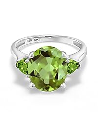 Gem Stone King 10K White Gold Green Peridot 3-Stone Women's Engagement Ring 3.52 cttw Oval Gemstone Birthstone Available in size 5, 6, 7, 8,