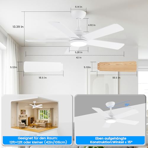 AUTODAY Ceiling Fan with Light, Dimmable LED 24W, Quiet DC Motor 32W, 106cm, Two-tone Plywood Blades, Remote Control with Memory Function, 6 Speed Levels, White