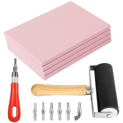 Rubber Block Stamp Carving Kit, 4 Pack with Cutting Tools and Brayer Roller, for Printmaking Crafts