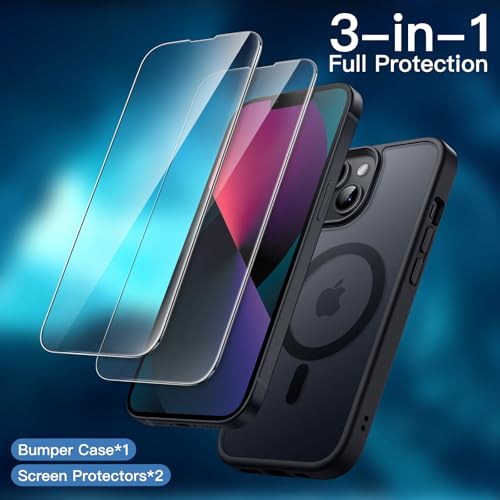 JETech 3 in 1 Magnetic Cover for iPhone 13 6.1 Inches with 2 Pack Tempered Glass Screen Protector, MagSafe Compatible, Translucent Matte Retro Case (Black)