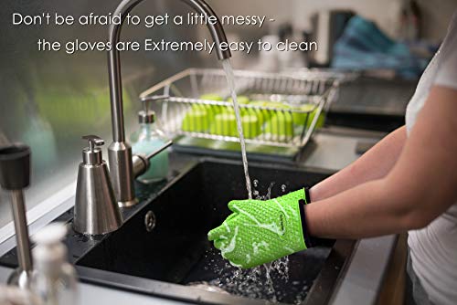 No.1 Set of Silicone Smoker Oven Gloves - Extreme Heat Resistant Washable Mitts for Safe Cooking Baking & Frying at The Kitchen,BBQ Pit & Grill. Superior Value Set + 3 Bonuses (Green)