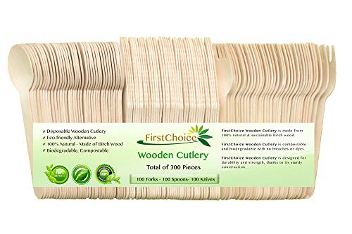 Disposable Wooden Cutlery Sets - 300 Piece Total: 100 Forks, 100 Spoons, 100 Knives, 6 Inch Length Eco Friendly Biodegradable Compostable Wooden Utensils Wooden Cutlery