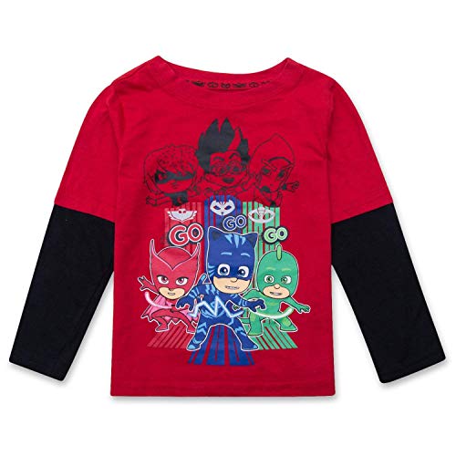 PJMASKS PJ Masks Longe Sleeve T-Shirt Catboy, Owlette, Gekko Longe Sleeve 2Fer Shirt (Red/Black, 2T)