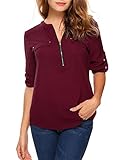 ANGVNS Women Ruched Sleeve Flower Printed Chiffon Blouse, Wine Red-Pure, M