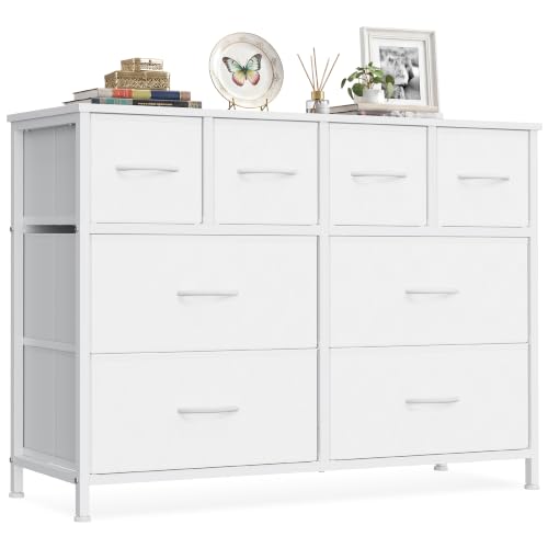 SONGMICS Kommode mit 8 Schubladen, Aufbewahrungsschrank mit Stoffschubladen, Metallrahmen und Holzplatte, für Schlafzimmer, Flur, 98,7 x 30 x 74,7 cm,