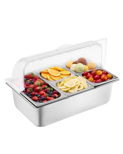 Photo 1 of VEVOR Countertop Food Serving Display Container, 5 Pan Stainless Steel Food Serving Tray, Buffet Condiment Dispenser Display Rack with Clear Lid & 3 Freezer Boxes, for Restaurant Hotel Kitchen Party