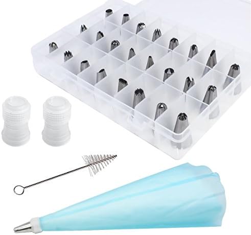 Tailbox 24-Piece Cake Decorating Tips Kits Professional Stainless Steel Icing Tip Set Tools + 1 Reusable Silicone Pastry Bag + 2 Reusable Coupler + 1 Cleaning Brush for Cakes Cupcakes Cookies Pastry