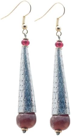 Maisha Fair Trade Hand Hammered Antiqued Cone with Colored Bead Drop Earring, Fig