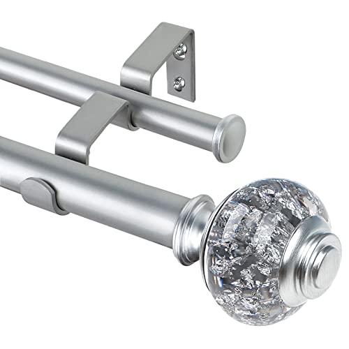 USFOOK 1 Inch Double Curtain Rods 36 to 72 Inches(3-6 ft) Light Silver Drapery Rods for Windows 24 to 68 Inches, Telescoping Dual Curtain Rod with Translucent Finials