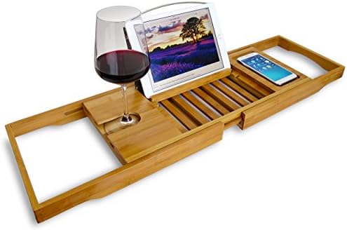 Bamboo Wooden Bathtub Expandable Tray Caddy - Luxury Spa Reading Organizer with Holder for Your iPad or Book - Adjustable Extending Slides Fit Most Jacuzzis & Tubs - Unique Gift Idea for Loved Ones