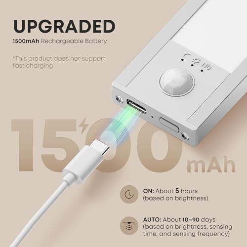 LROLTEF Under Cabinet Kitchen Lights Motion Sensor Dimmable 21cm 1500mAh 6500K LED Under Counter USB-C Rechargeable Wardrobe Sensor Indoor Night Lights for Kitchen Shelf Stairs Closet 2 Pack