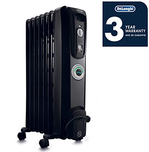 DeLonghi Oil-Filled Radiator Space Heater, Quiet 1500W, Adjustable Thermostat, 3 Heat Settings, Energy Saving, Safety Features, Nice for Home with Pets/Kids, Black, Comfort Temp EW7707CB