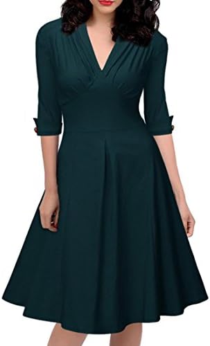 Teamoluna Women's Retro Deep-V Neck Half Sleeve Vintage Casual Swing Dress Green (US,XL/Asia,2XL)