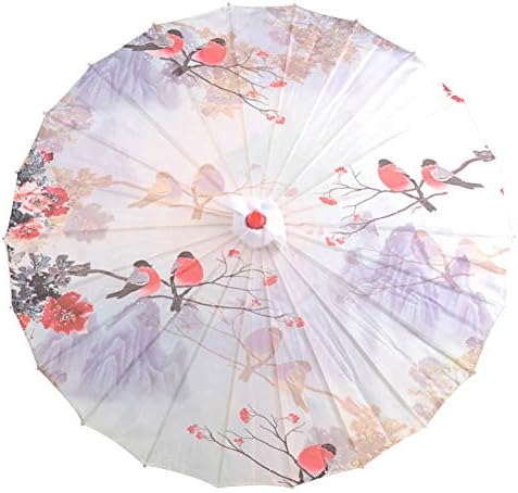 Vintage Chinese Parasol Flower Print Oil Paper Umbrella Wooden Handle Oriental Umbrella