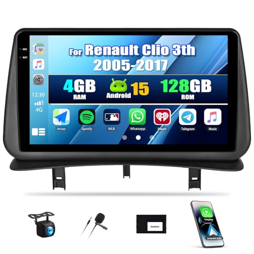 SIXWIN Android 15 Car Radio for Renault Clio 3 (2005-2014) - 4+128GB, with Android Auto Carplay, 9 Inch Touch Screen Stereo with GPS WiFi Bluetooth 5.0 FM RDS EQ with Rear View Camera