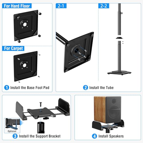 Homodoskey Speaker Stands Pair, 86-110cmHeight Adjustable,Cable Concealing, 1 Pair Spring-Loaded Plate Extends, For Satellites up to 5 kg Speaker Stand Floor, Universal Satellite & Bookshelf Speakers